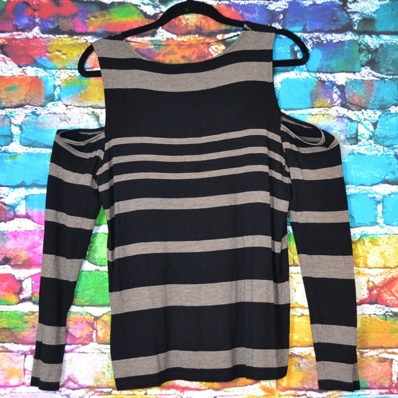 Cable & Gauge Black & Tan Striped Cold Shoulder Long Sleeve Top Size L - Picture 2 of 5